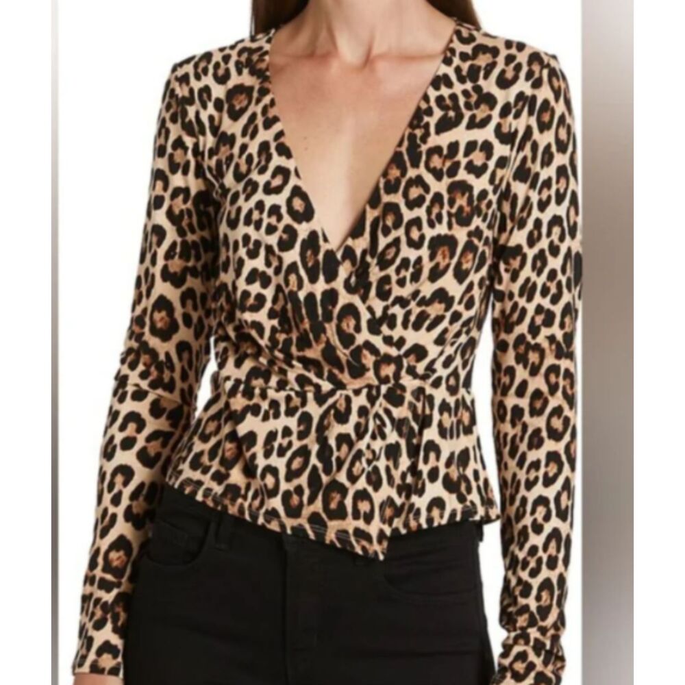 Good American Leopard Print Wrap Top Long Sleeve Surplice V-Neck Size Small